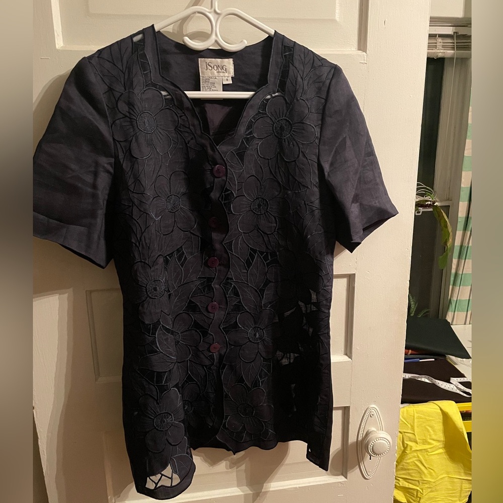 Vintage Navy Linen Lace Top
